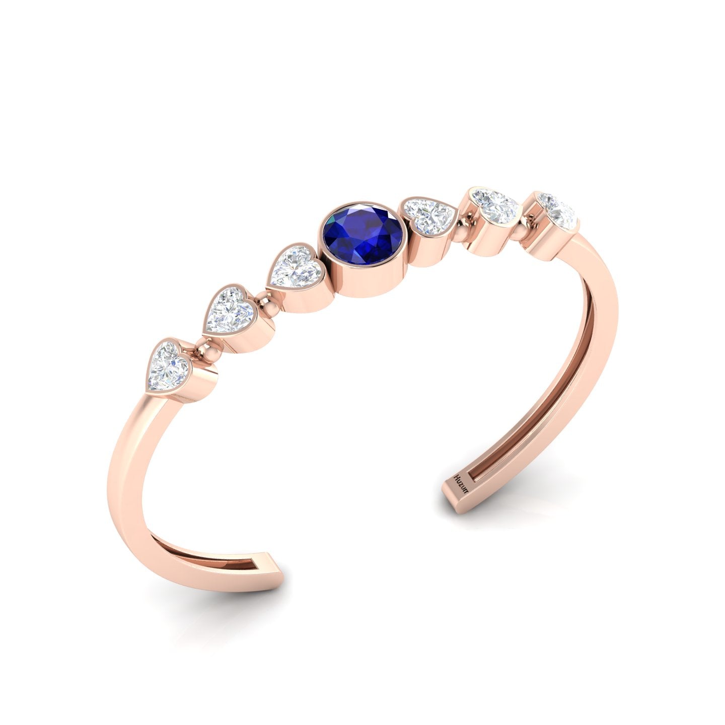 Heart Diamond & Round Blue Sapphire Rose Gold Plated Cuff Bracelet