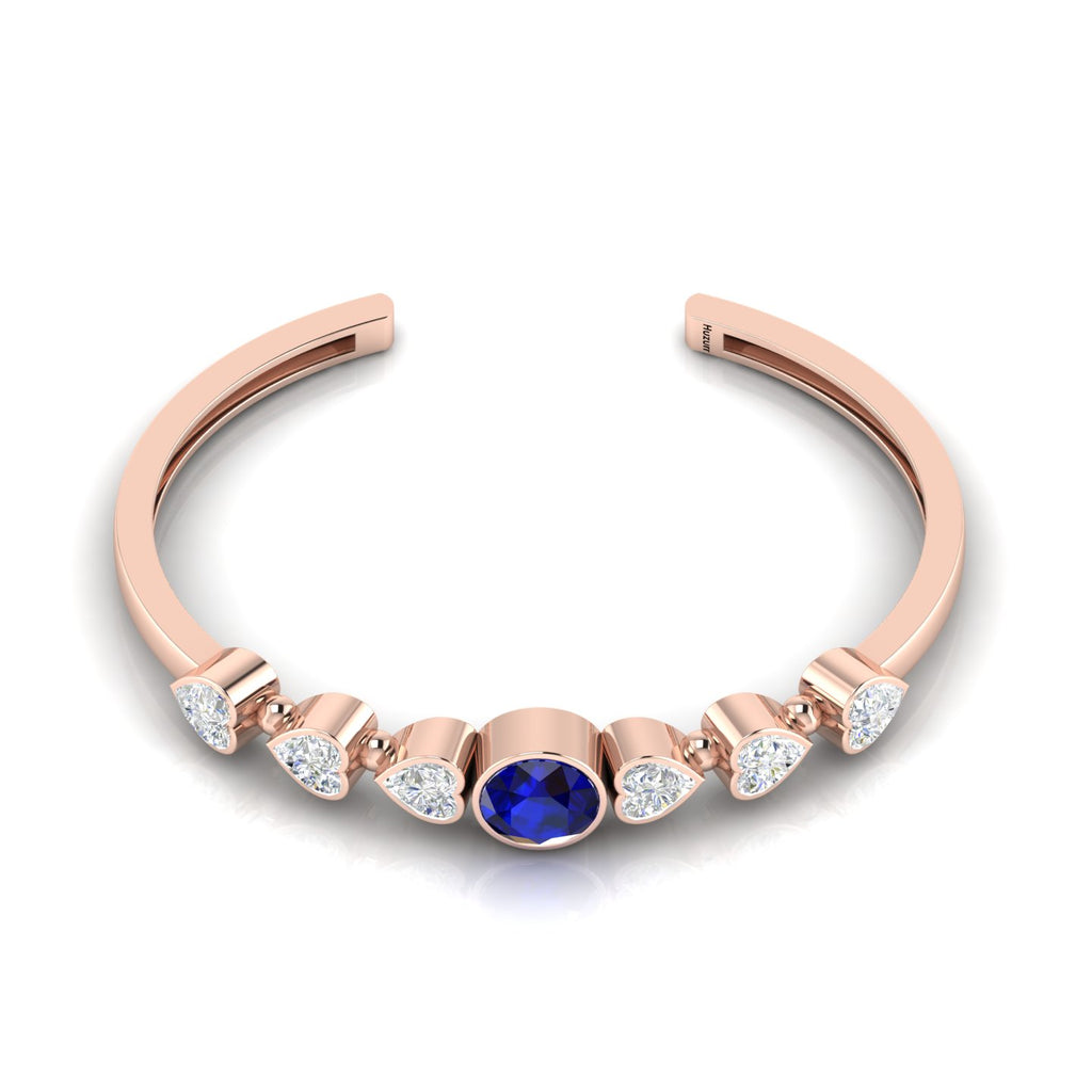 Heart Diamond & Round Blue Sapphire Rose Gold Plated Cuff Bracelet