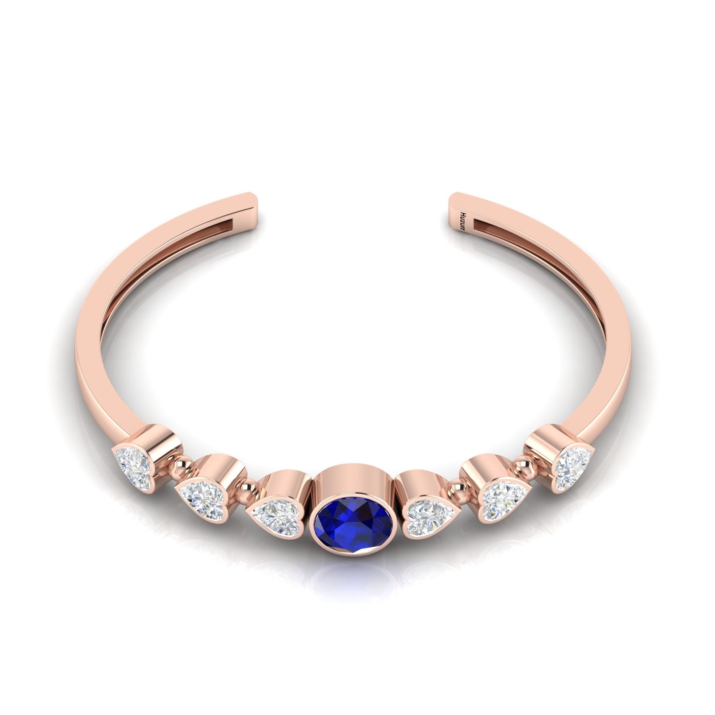Heart Diamond & Round Blue Sapphire Rose Gold Plated Cuff Bracelet