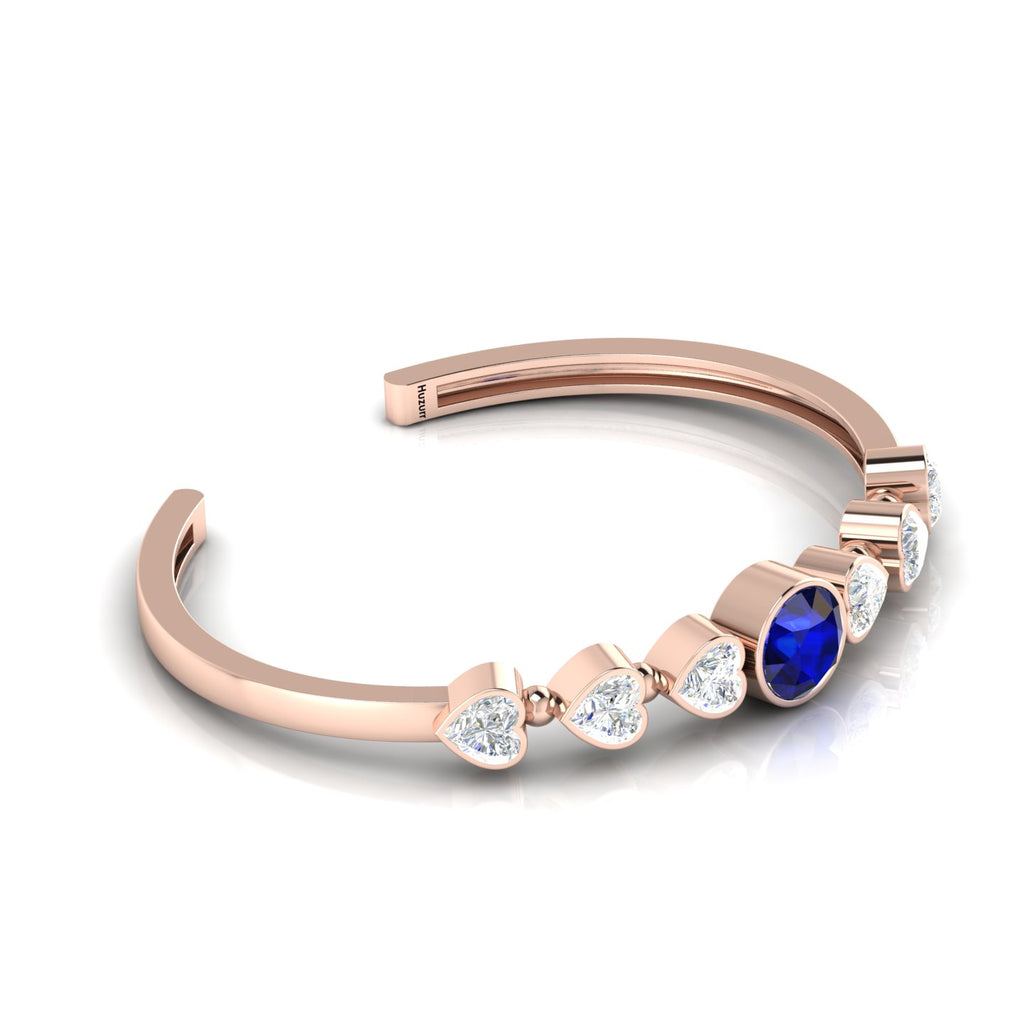 Heart Diamond & Round Blue Sapphire Rose Gold Plated Cuff Bracelet