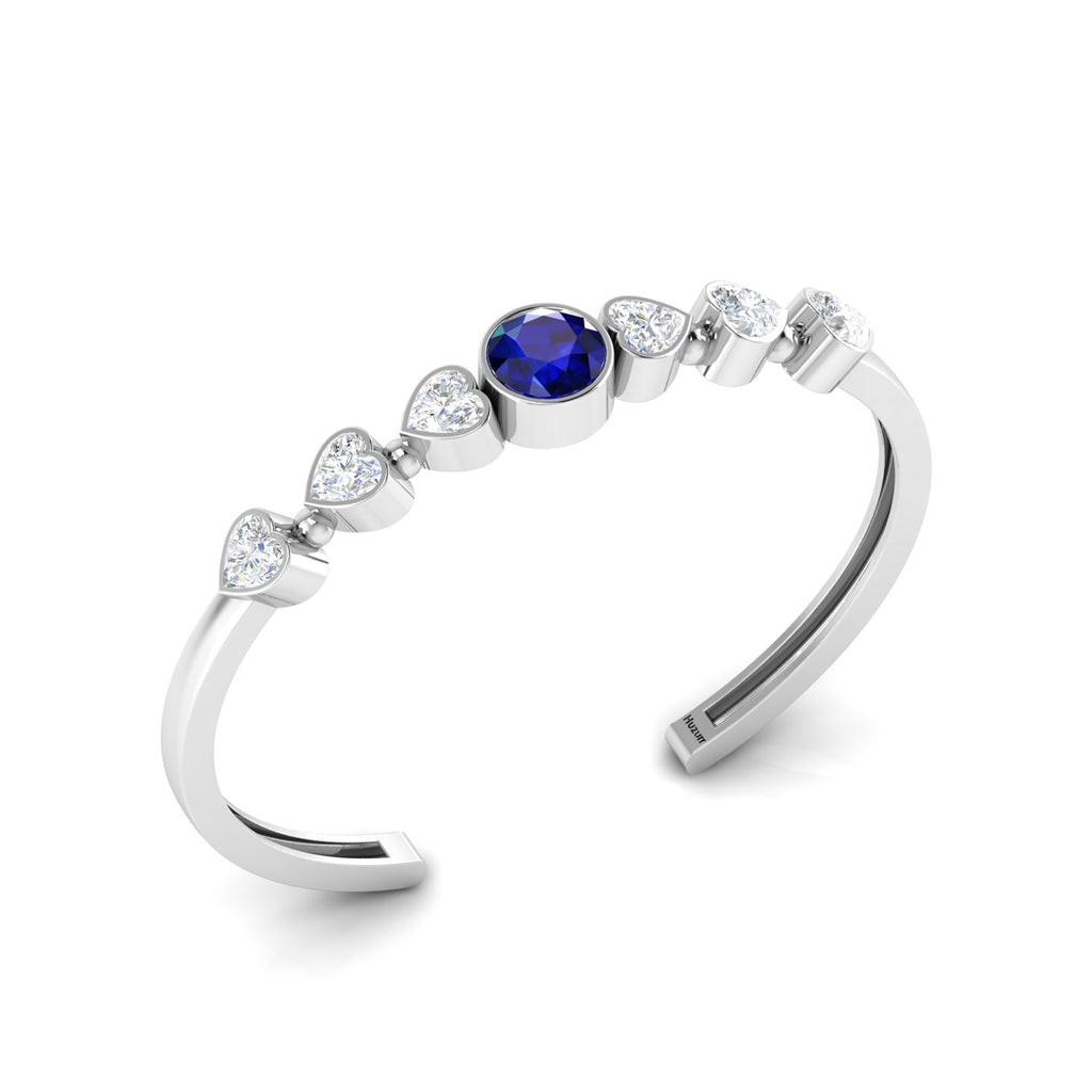 Sterling Silver Round Blue Sapphire & Heart Diamond Cuff Bracelet