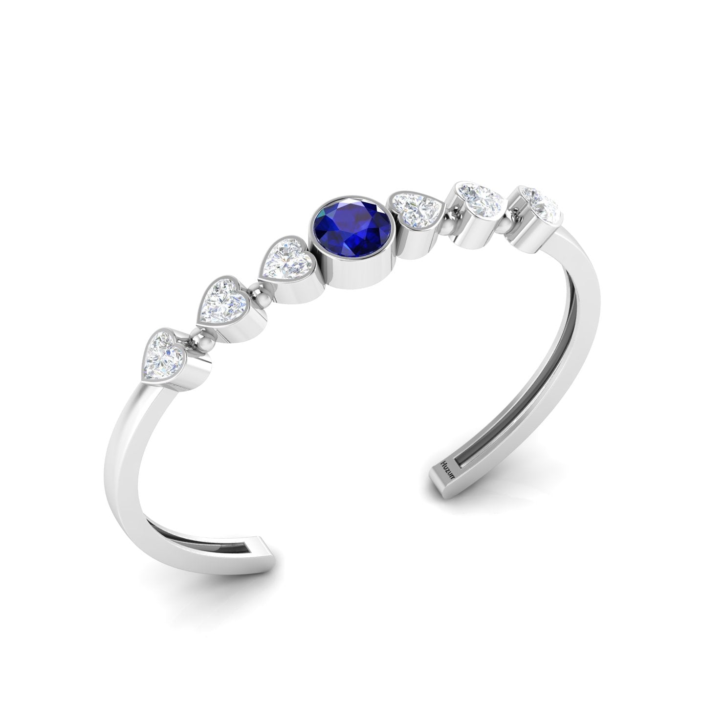 Sterling Silver Round Blue Sapphire & Heart Diamond Cuff Bracelet