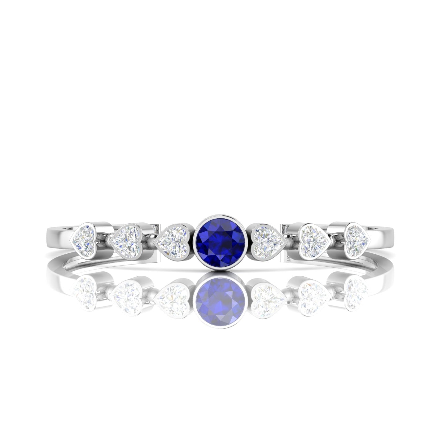 Sterling Silver Round Blue Sapphire & Heart Diamond Cuff Bracelet
