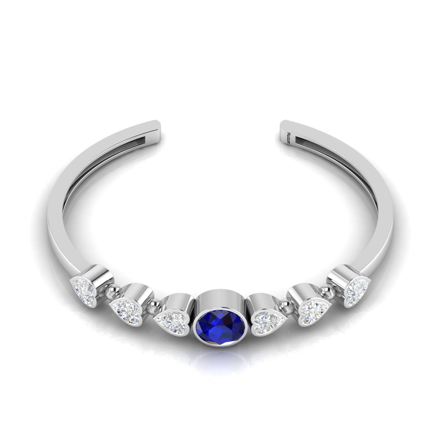 Sterling Silver Round Blue Sapphire & Heart Diamond Cuff Bracelet