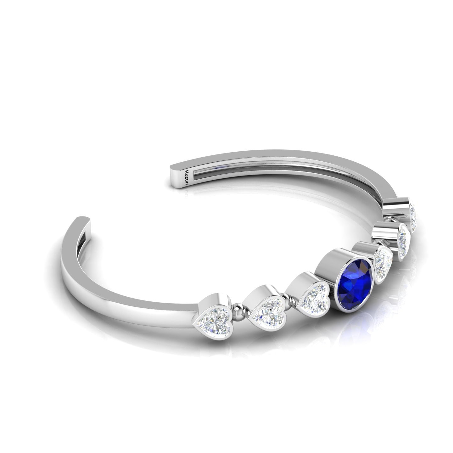 Sterling Silver Round Blue Sapphire & Heart Diamond Cuff Bracelet