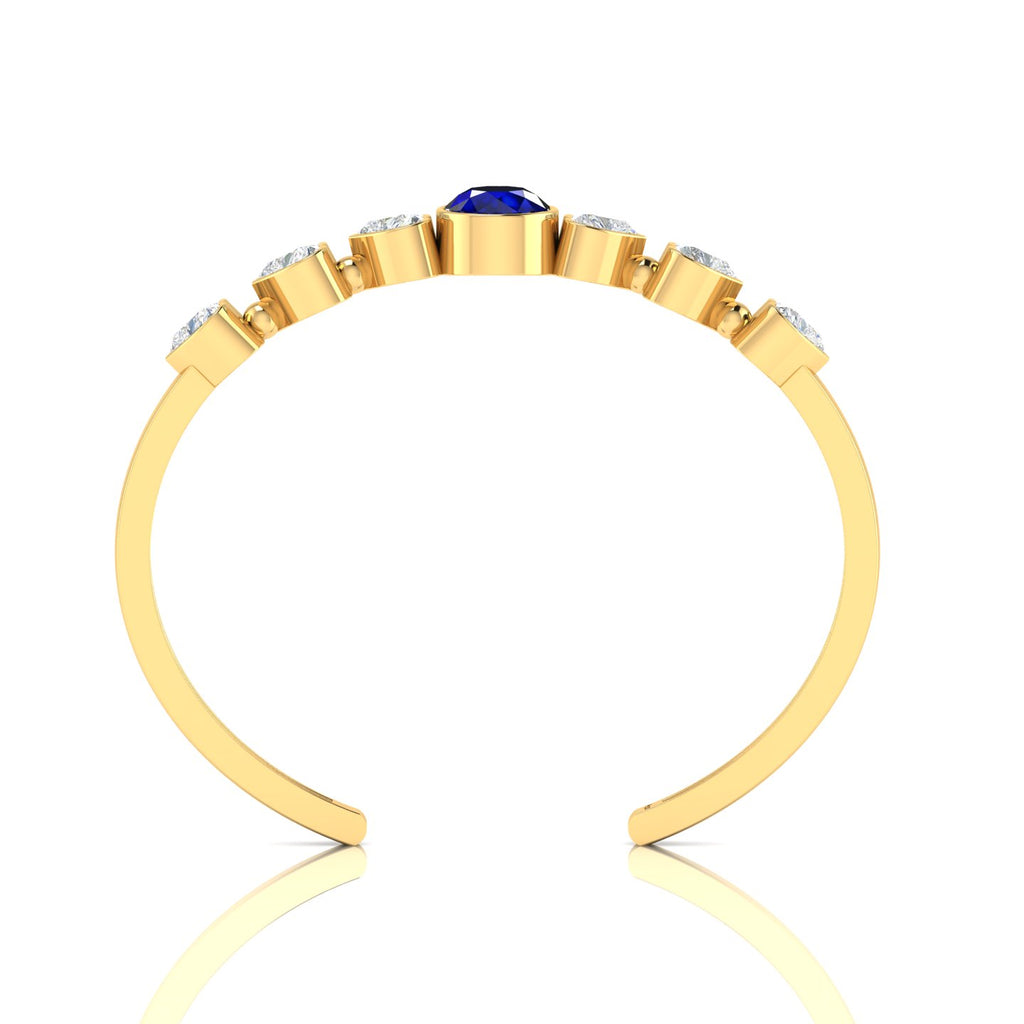 Round Blue Sapphire & Heart Diamond Gold Plated Cuff Bracelet