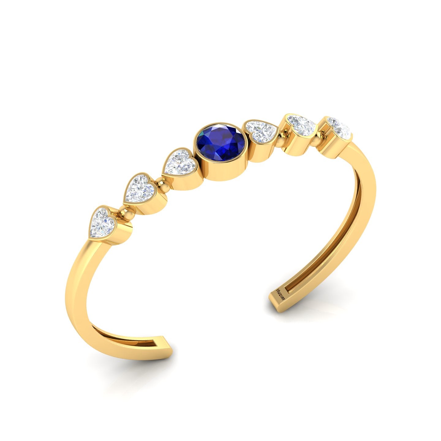 Round Blue Sapphire & Heart Diamond Gold Plated Cuff Bracelet
