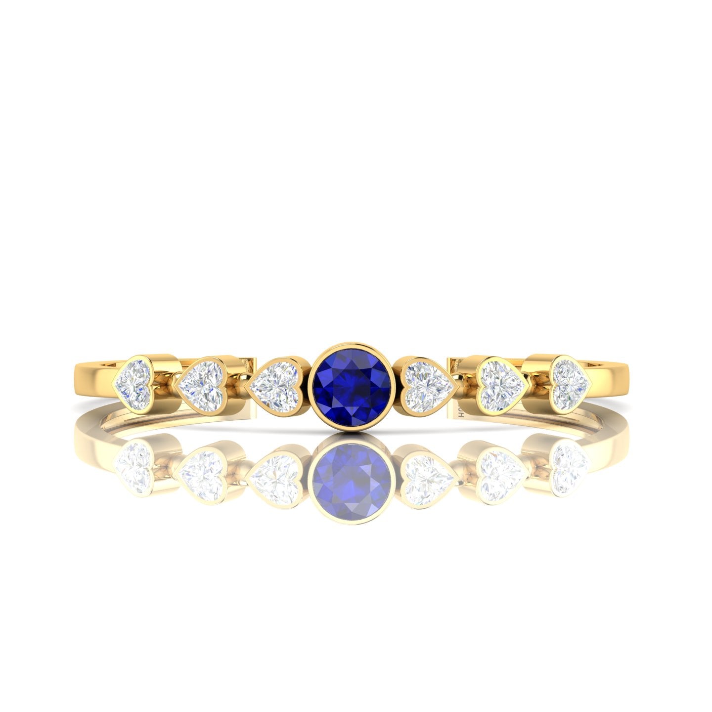 Round Blue Sapphire & Heart Diamond Gold Plated Cuff Bracelet