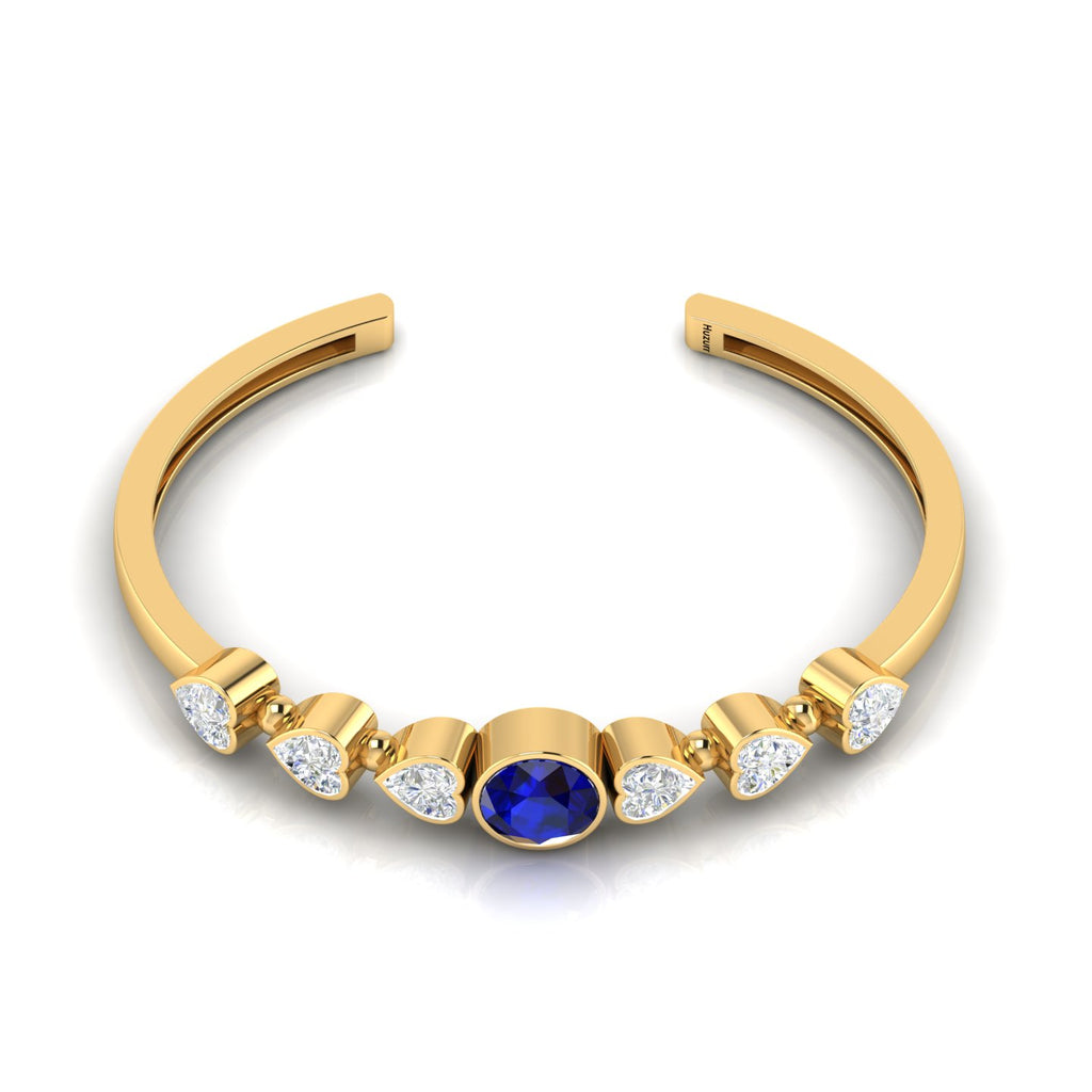 Round Blue Sapphire & Heart Diamond Gold Plated Cuff Bracelet