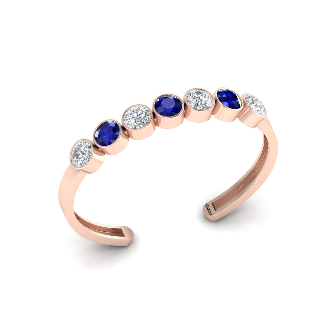 Rose Gold Plated Round Diamond & Blue Sapphire 7 Stone Cuff Bracelet