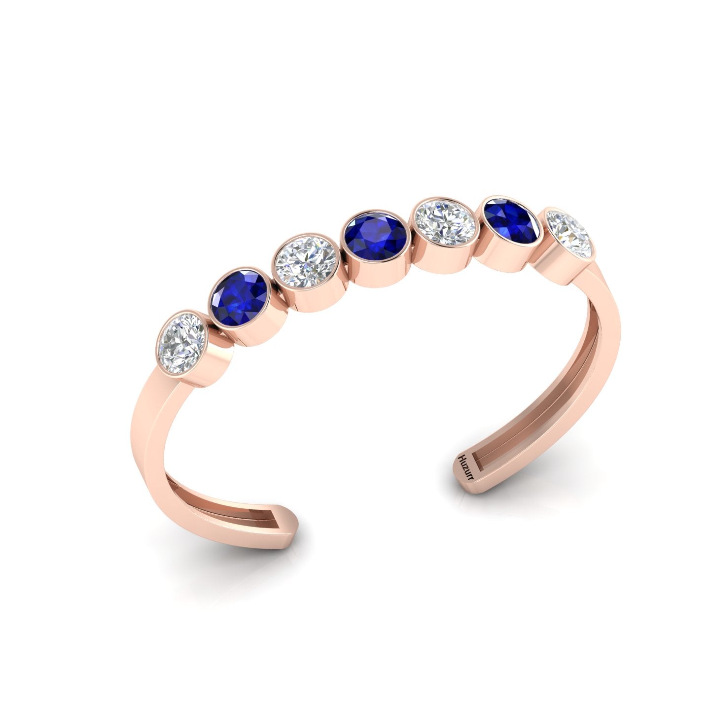 Rose Gold Plated Round Diamond & Blue Sapphire 7 Stone Cuff Bracelet