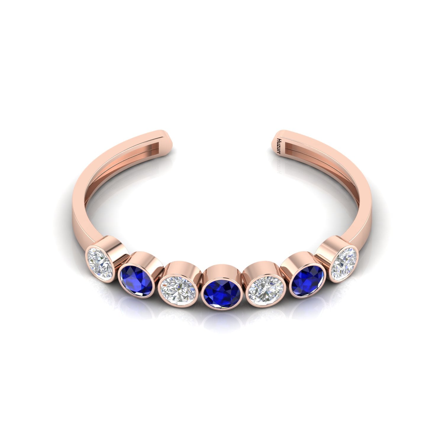 Rose Gold Plated Round Diamond & Blue Sapphire 7 Stone Cuff Bracelet