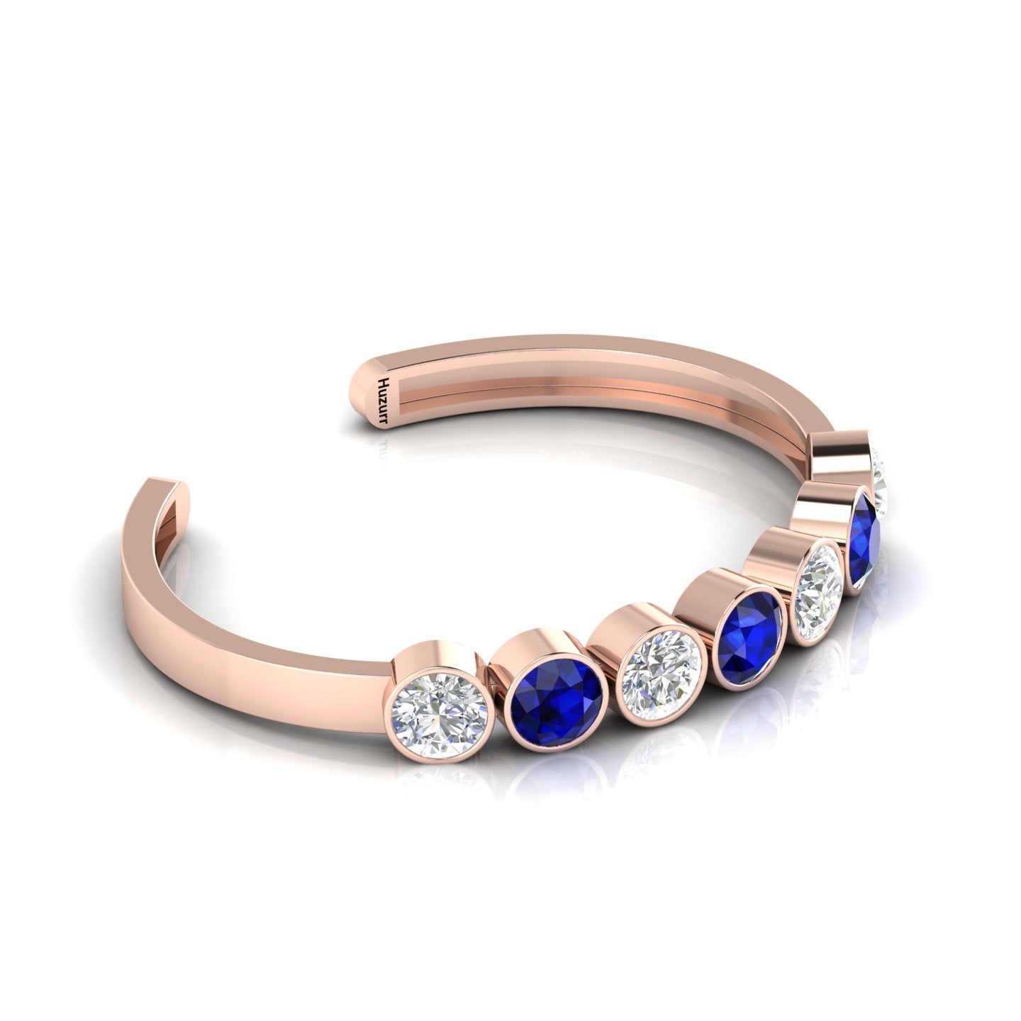 Rose Gold Plated Round Diamond & Blue Sapphire 7 Stone Cuff Bracelet