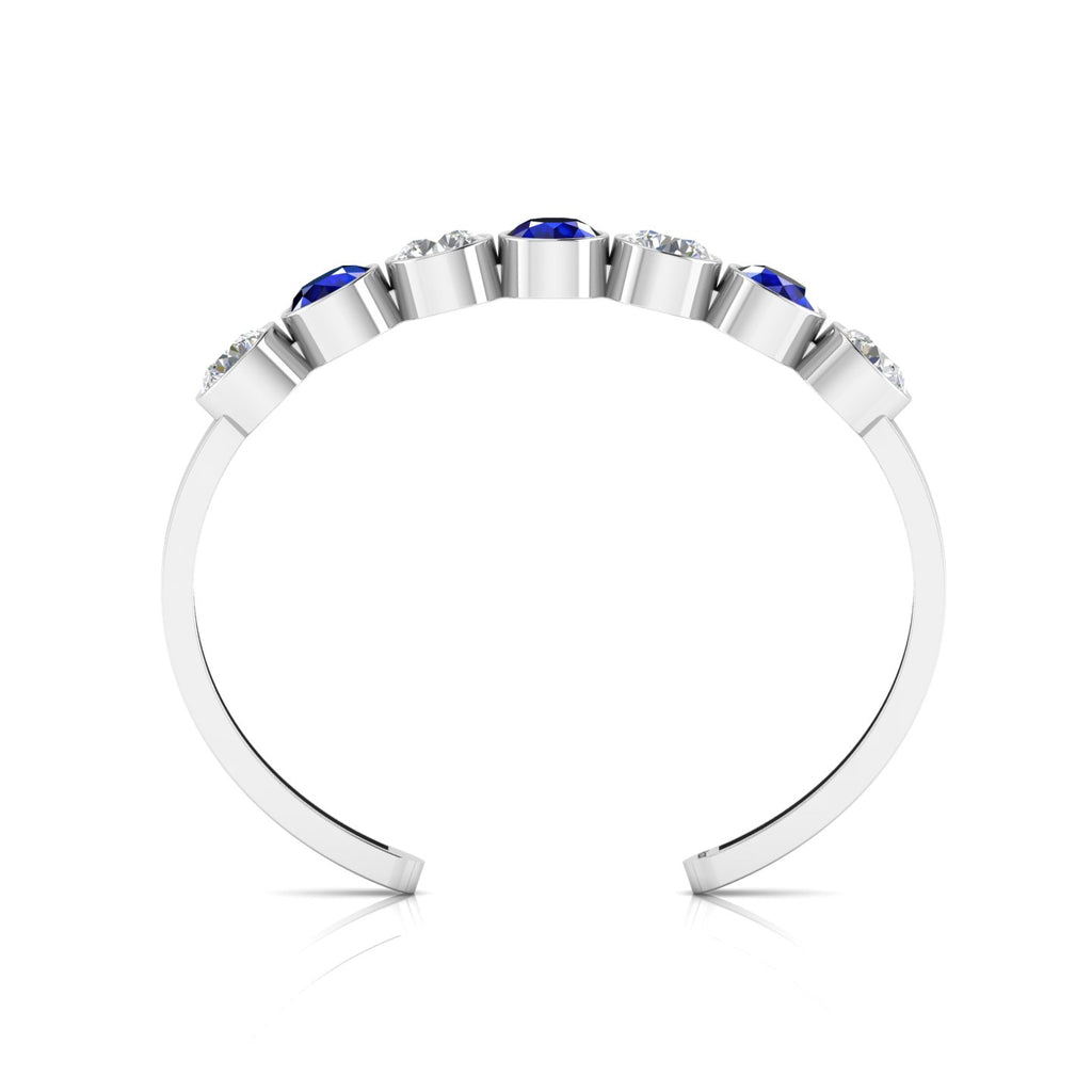 Round 7 Stone Blue Sapphire & Diamond Cuff Sterling Silver Bracelet
