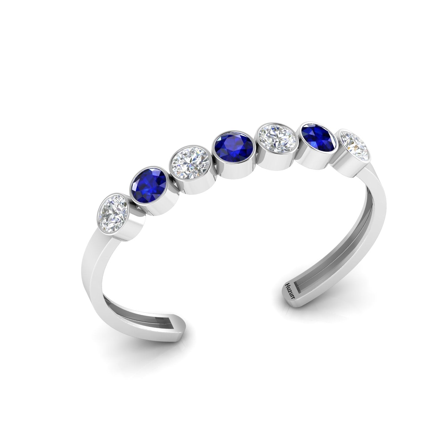 Round 7 Stone Blue Sapphire & Diamond Cuff Sterling Silver Bracelet
