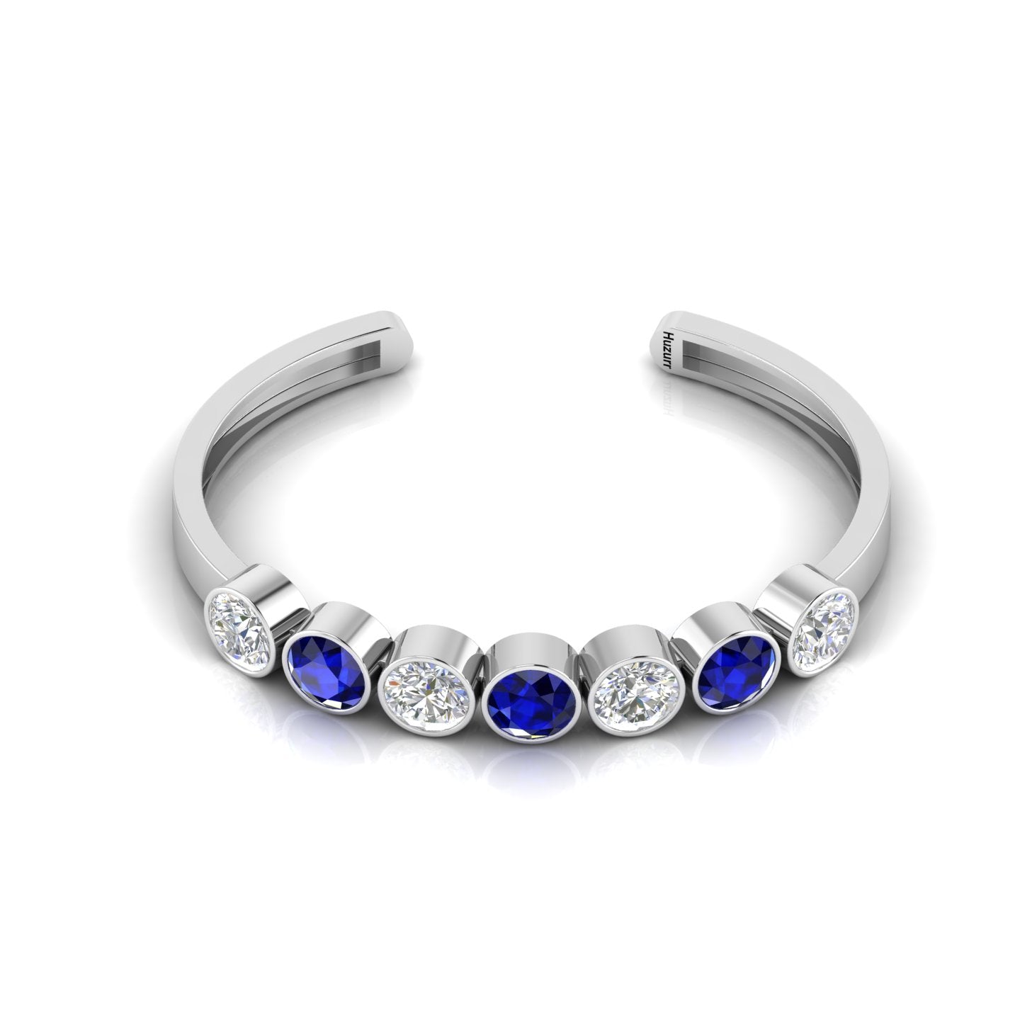 Round 7 Stone Blue Sapphire & Diamond Cuff Sterling Silver Bracelet