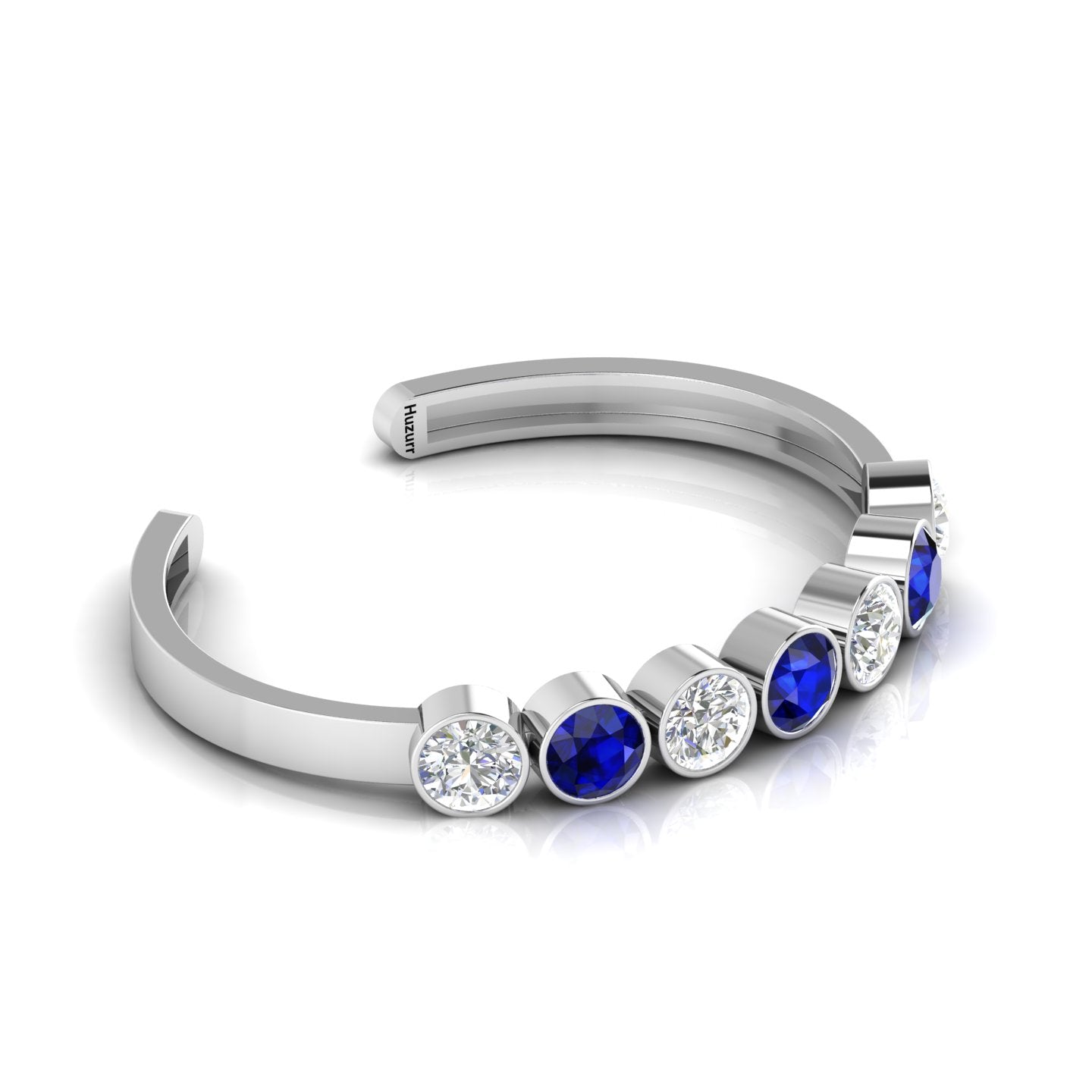 Round 7 Stone Blue Sapphire & Diamond Cuff Sterling Silver Bracelet