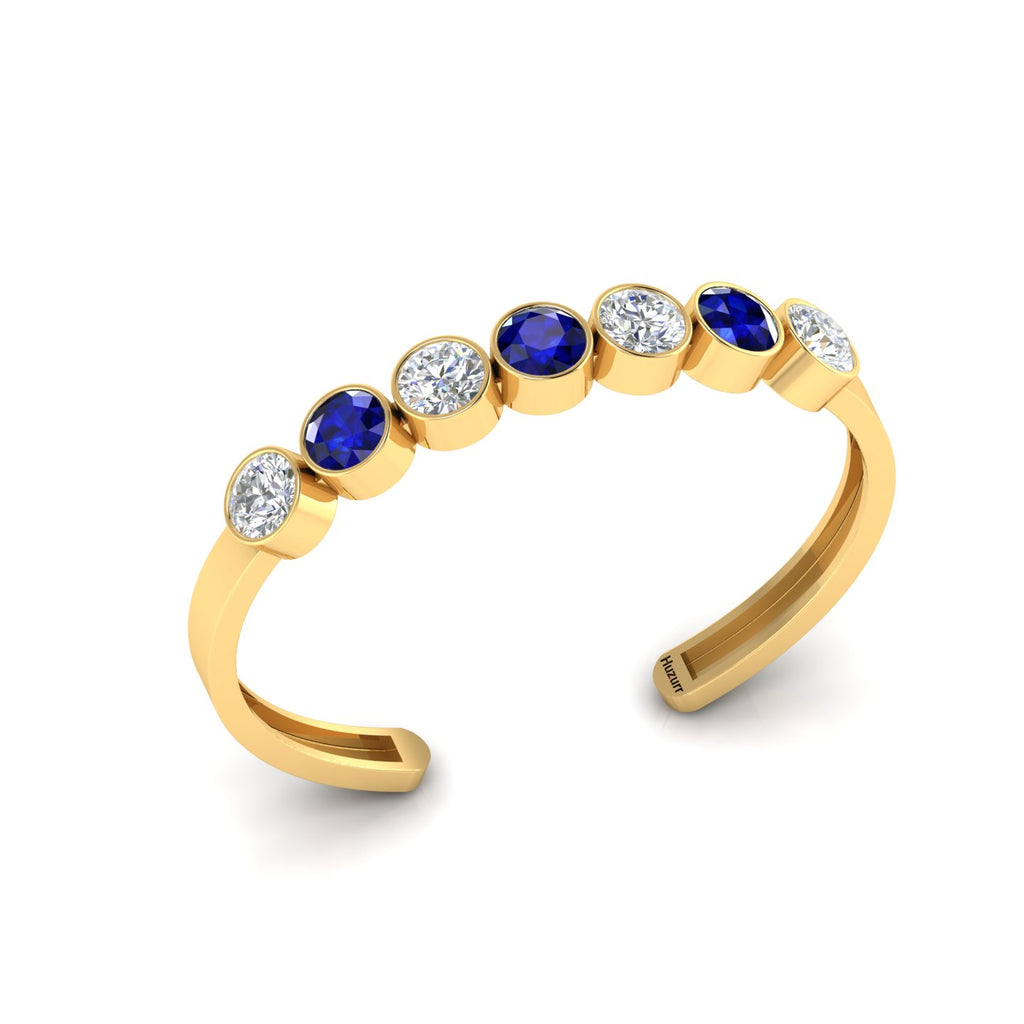 7 Stone Round Blue Sapphire & Diamond Gold Plated Cuff Bracelet
