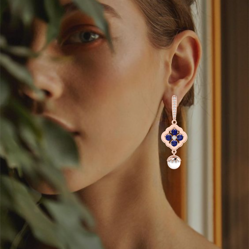 Rose Gold Plated Blue Sapphire Pearl Earrings