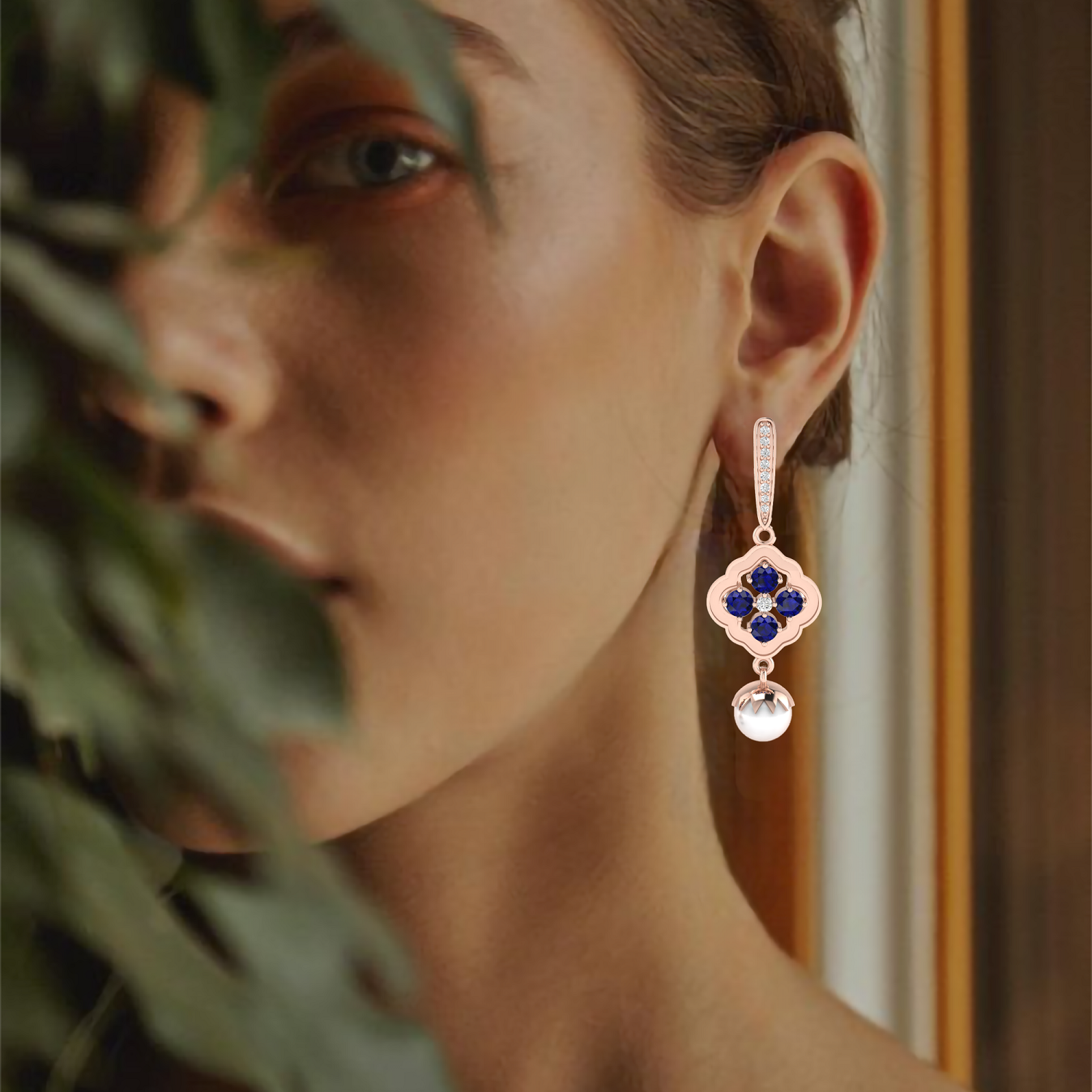 Rose Gold Plated Blue Sapphire Pearl Earrings
