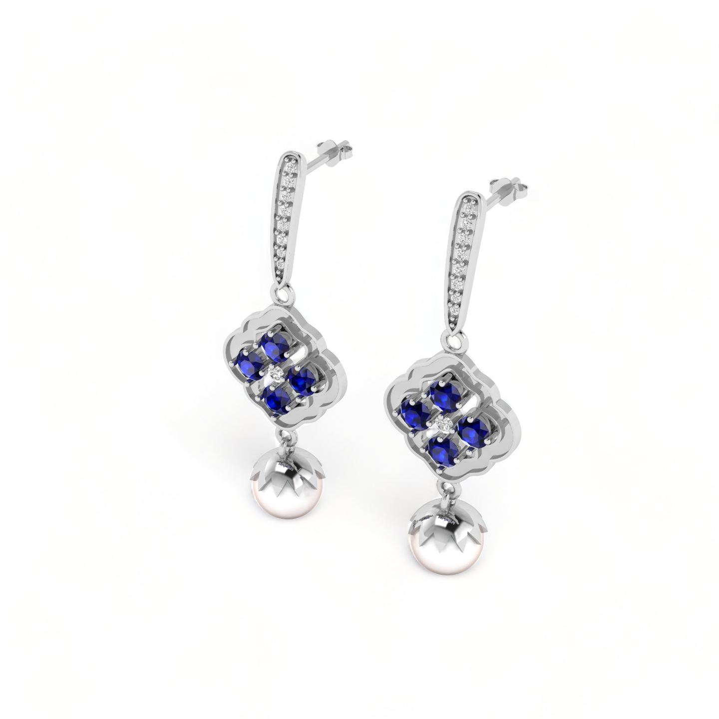 925 Silver Blue Sapphire Diamond Pearl Earrings