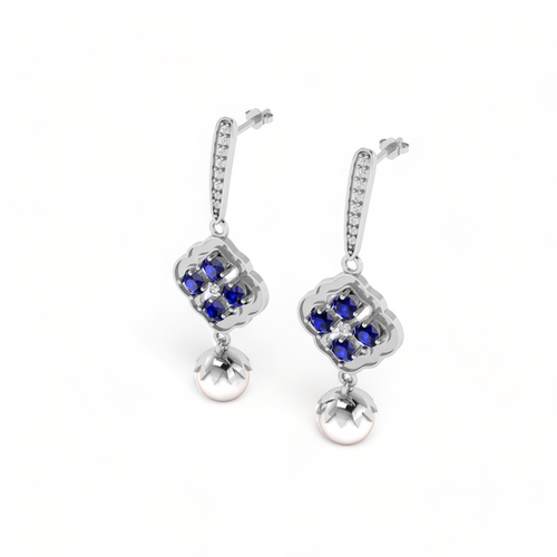 925 Silver Blue Sapphire Diamond Pearl Earrings
