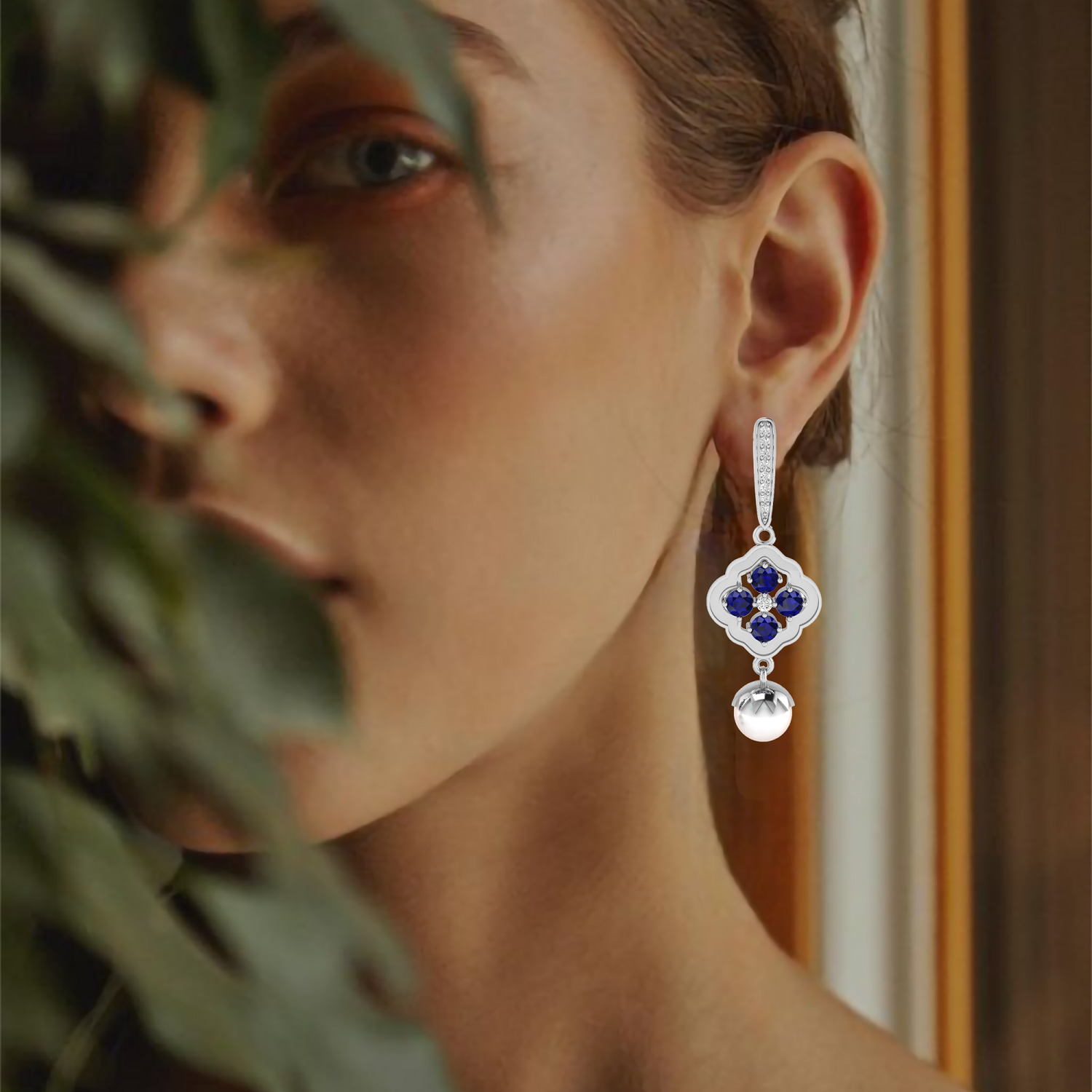 925 Silver Blue Sapphire Diamond Pearl Earrings
