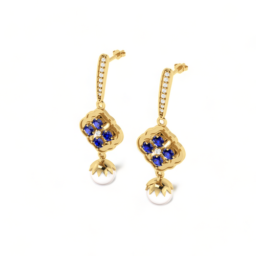 Blue Sapphire Diamond Pearl Gold Plated Earrings