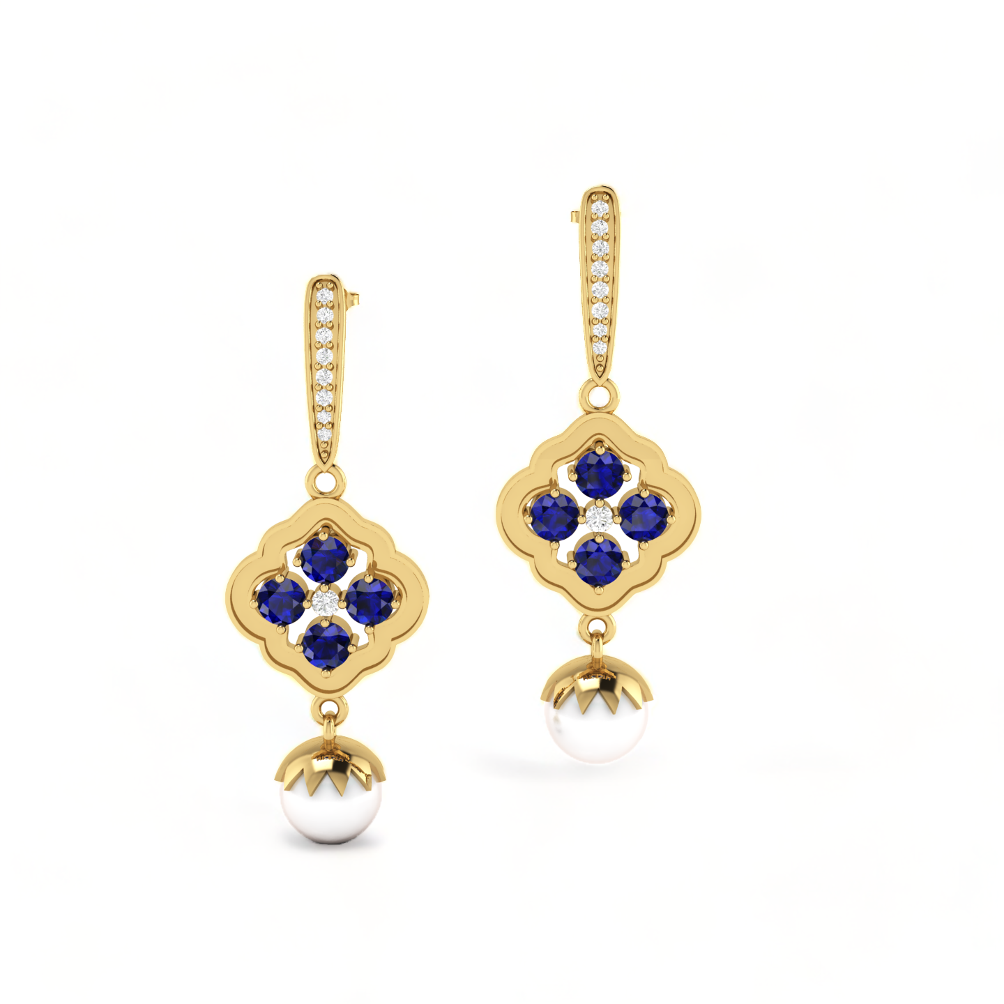 Blue Sapphire Diamond Pearl Gold Plated Earrings