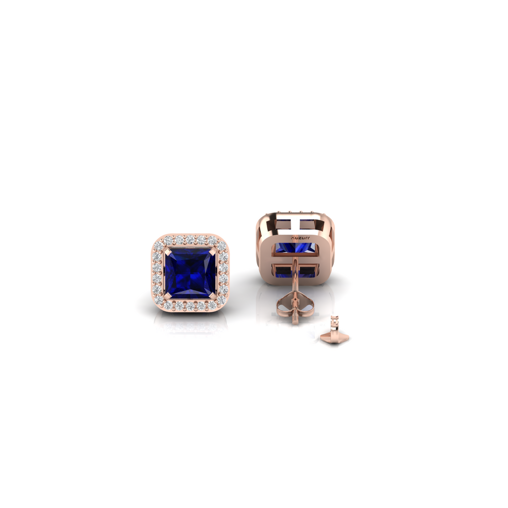 Blue Square Rose Gold Plated Sparkle Halo Stud Earrings