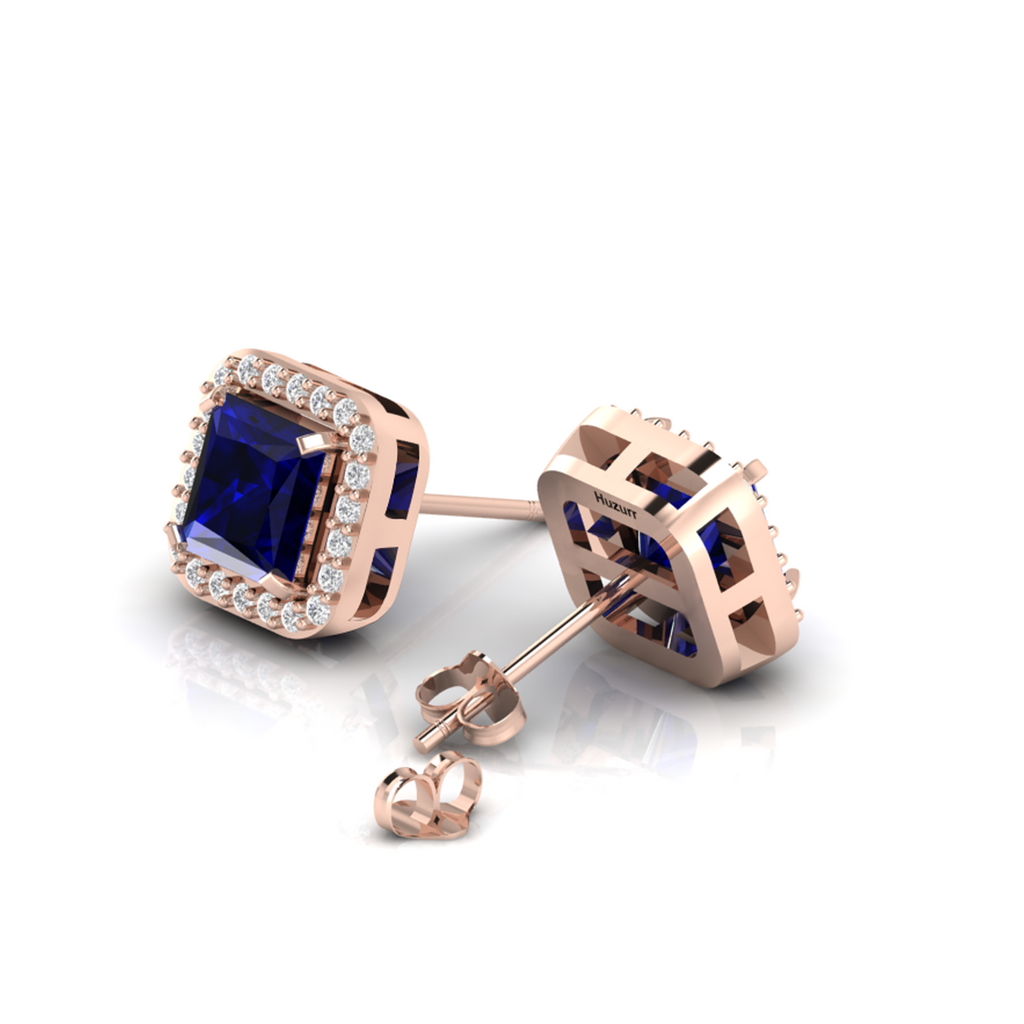 Blue Square Rose Gold Plated Sparkle Halo Stud Earrings