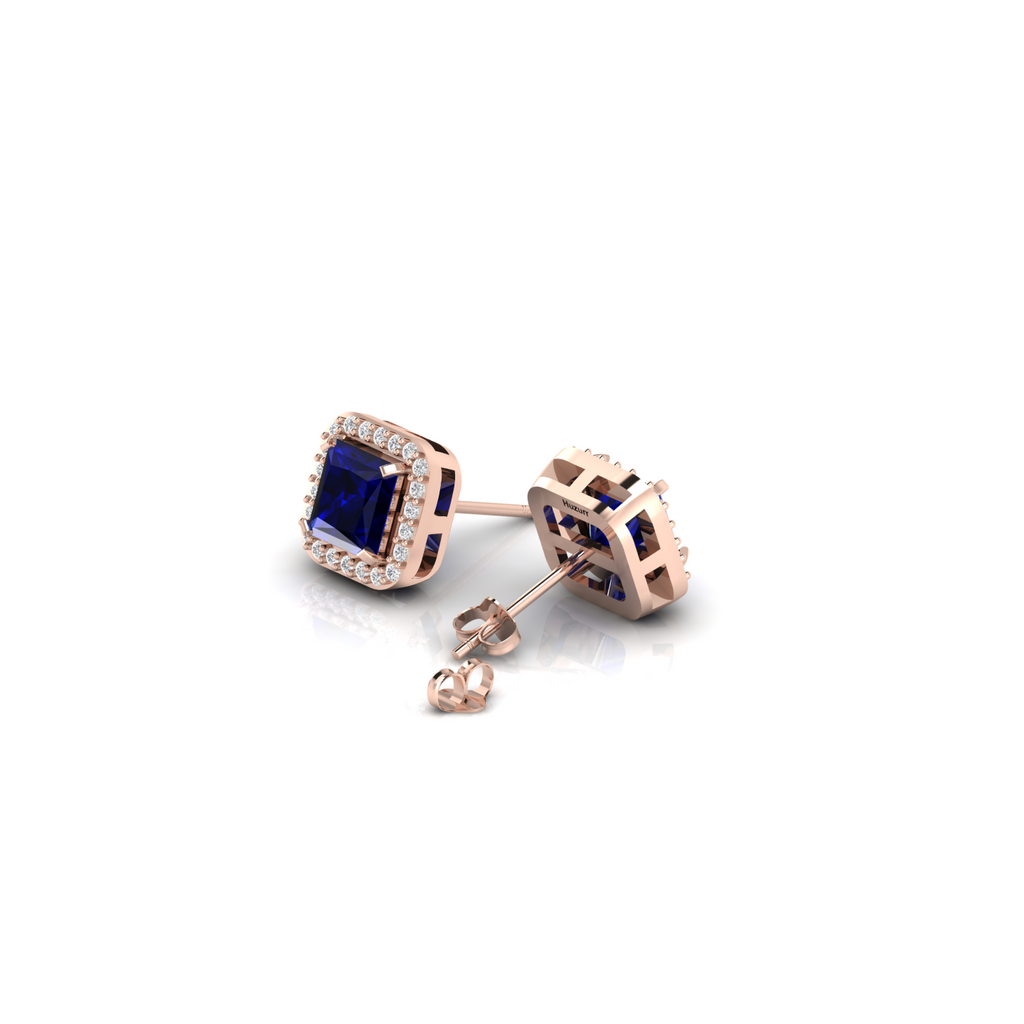 Blue Square Rose Gold Plated Sparkle Halo Stud Earrings