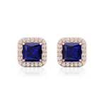 Blue Square Rose Gold Plated Sparkle Halo Stud Earrings