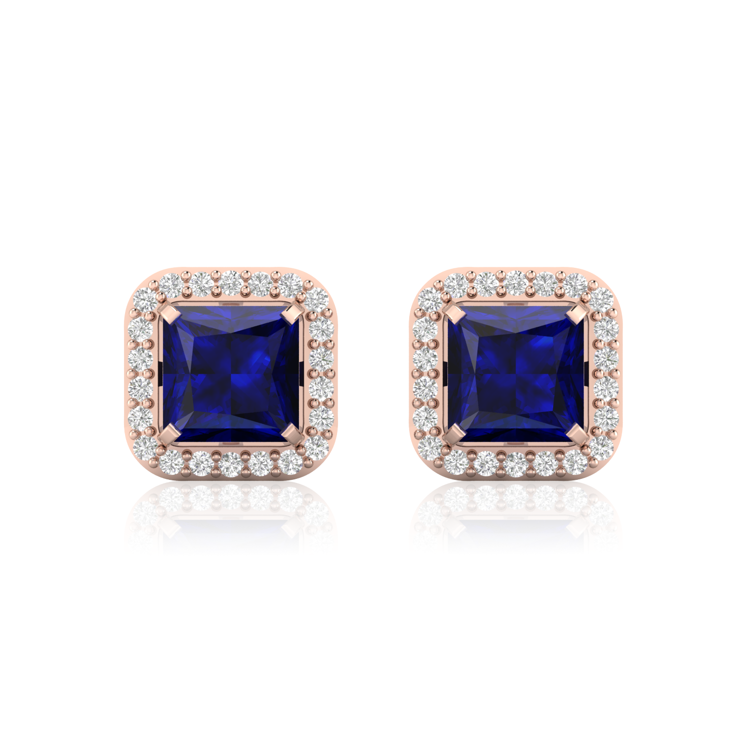 Blue Square Rose Gold Plated Sparkle Halo Stud Earrings