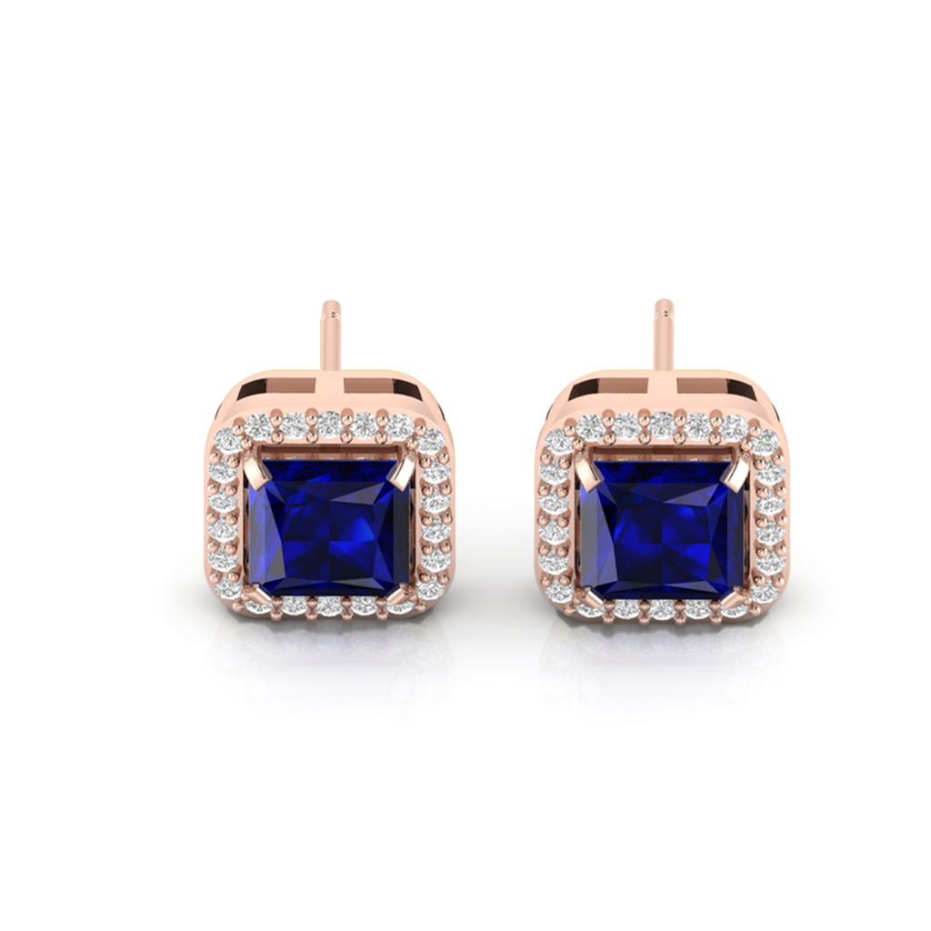 Blue Square Rose Gold Plated Sparkle Halo Stud Earrings