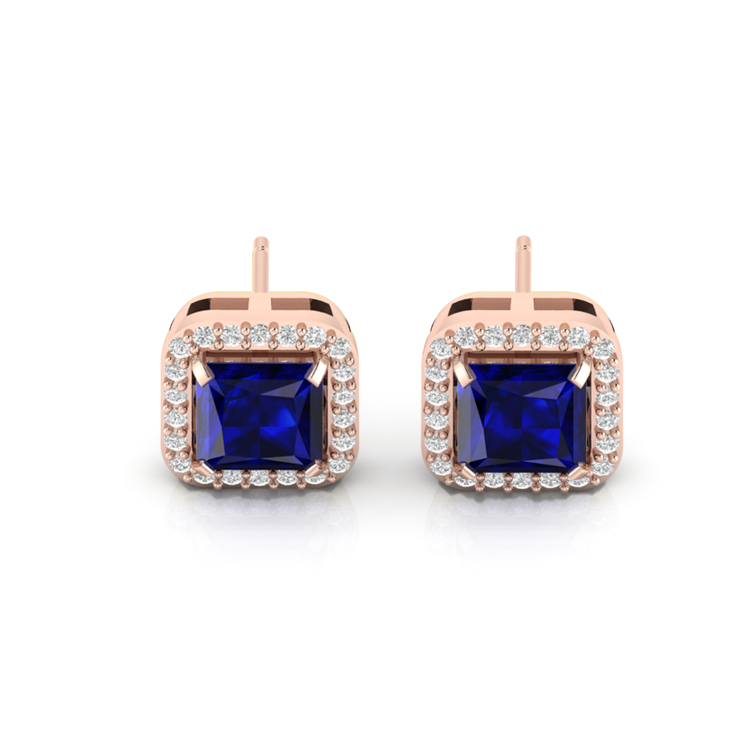 Blue Square Rose Gold Plated Sparkle Halo Stud Earrings