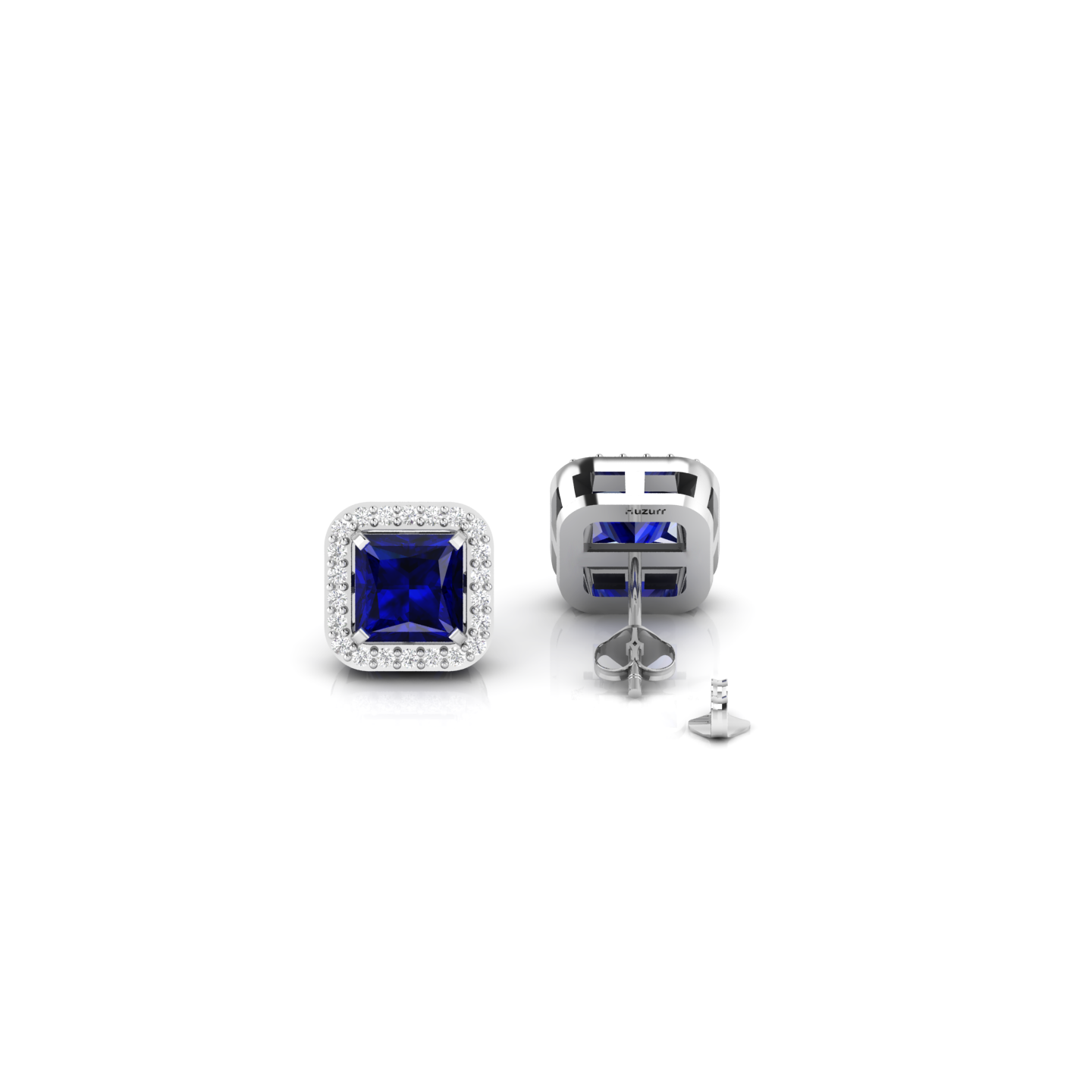 Blue Square Sparkle Halo Stud 925 Silver Earrings