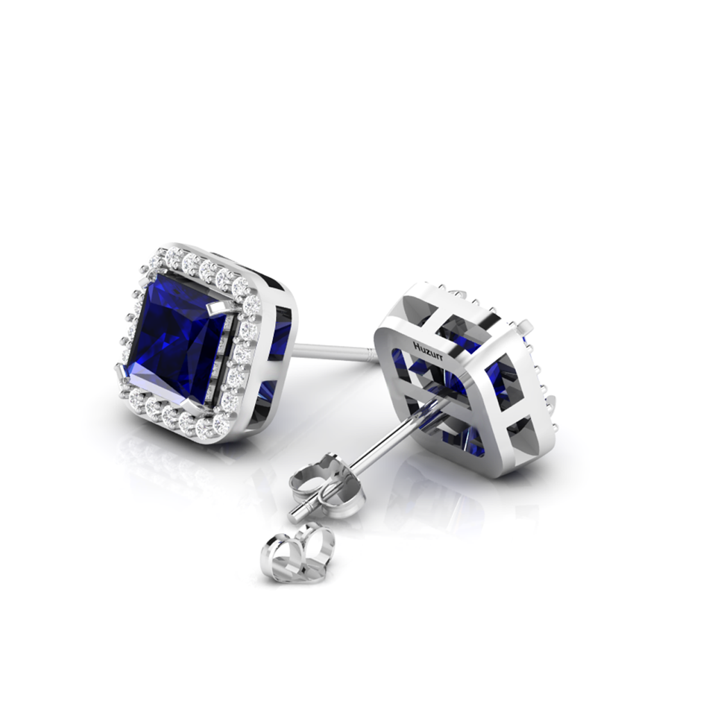 Blue Square Sparkle Halo Stud 925 Silver Earrings