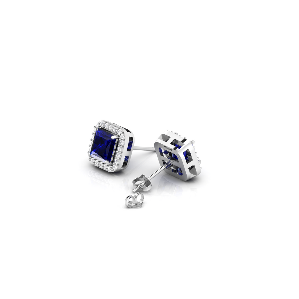Blue Square Sparkle Halo Stud 925 Silver Earrings