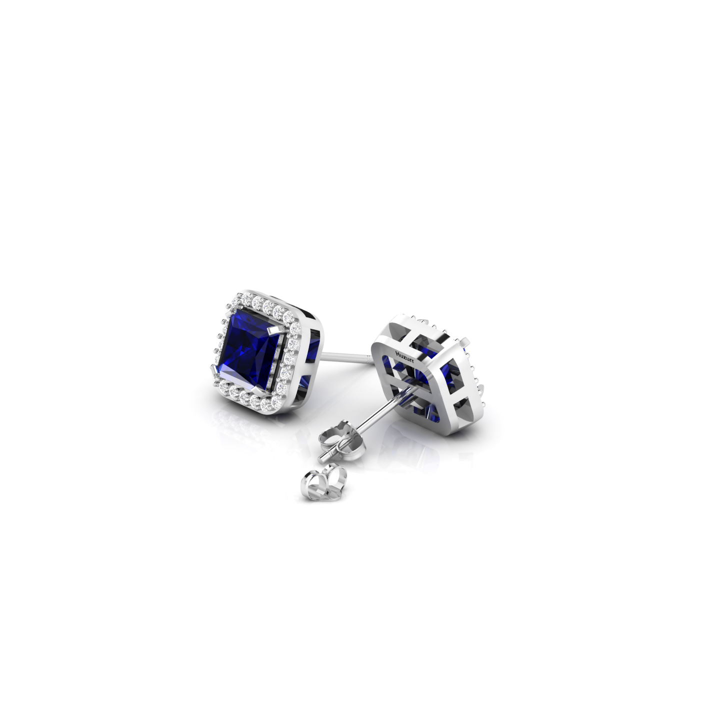 Blue Square Sparkle Halo Stud 925 Silver Earrings