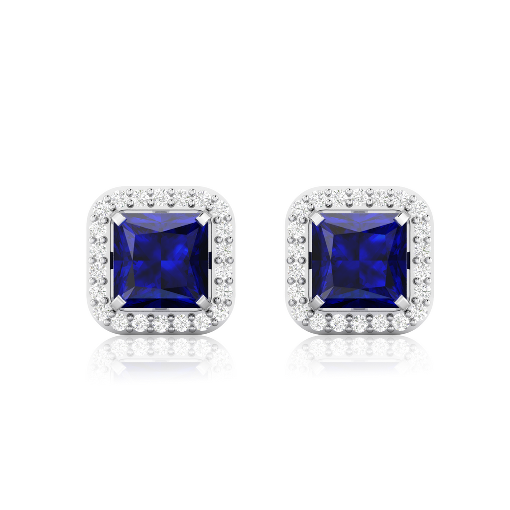 Blue Square Sparkle Halo Stud 925 Silver Earrings