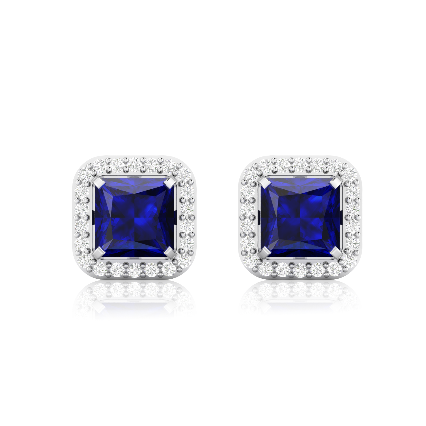 Blue Square Sparkle Halo Stud 925 Silver Earrings
