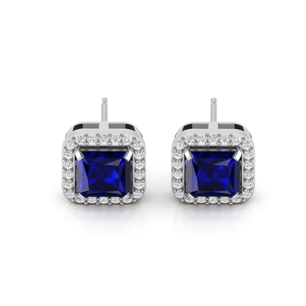 Blue Square Sparkle Halo Stud 925 Silver Earrings