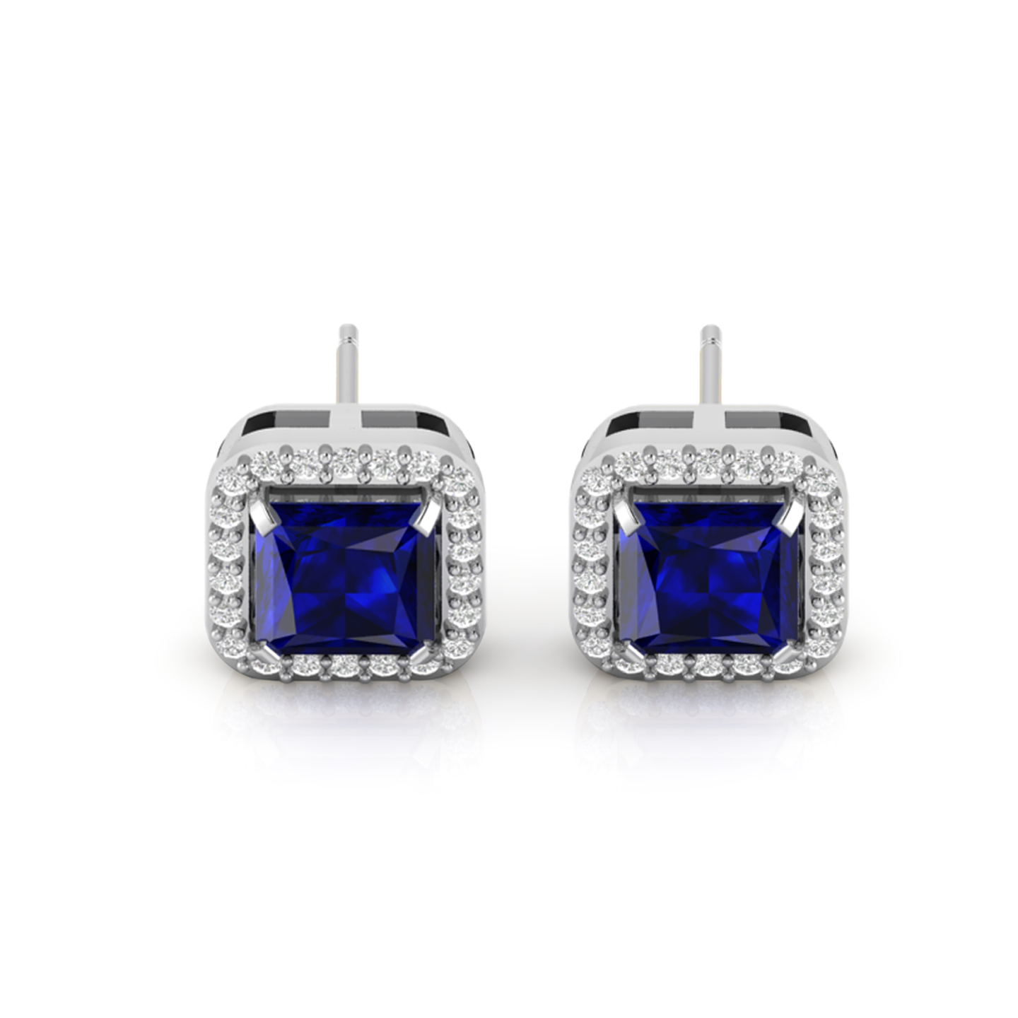 Blue Square Sparkle Halo Stud 925 Silver Earrings