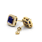 Blue Square Sparkling Halo Stud Earrings