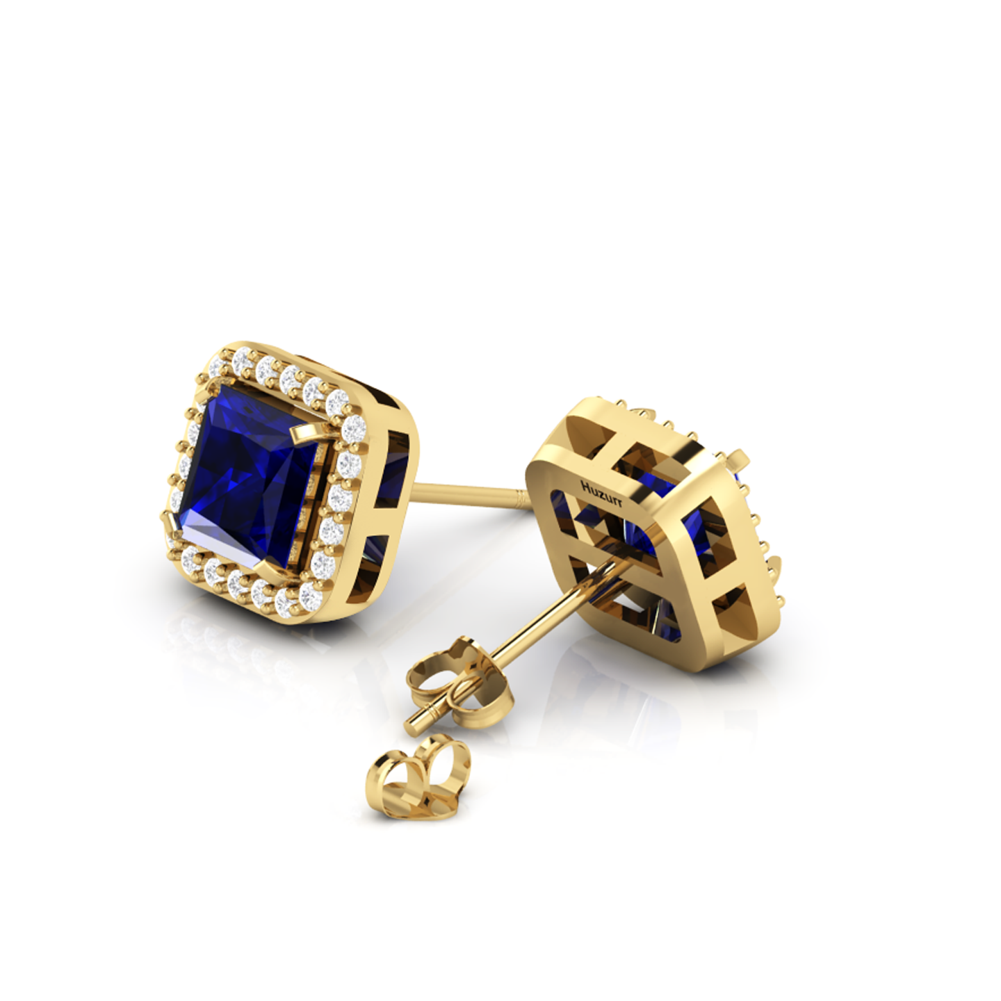 Blue Square Sparkling Halo Stud Earrings