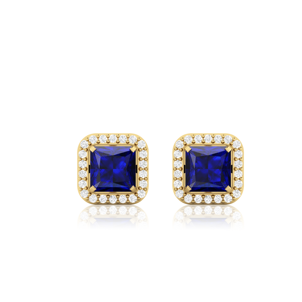 Blue Square Sparkling Halo Stud Earrings