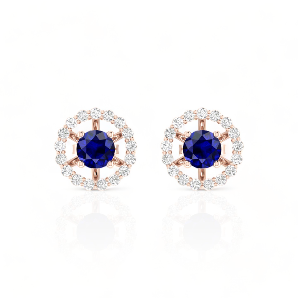 Round Blue Sapphire Rose Gold Plated Halo Stud Earrings