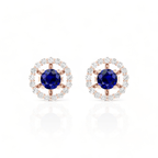 Round Blue Sapphire Rose Gold Plated Halo Stud Earrings