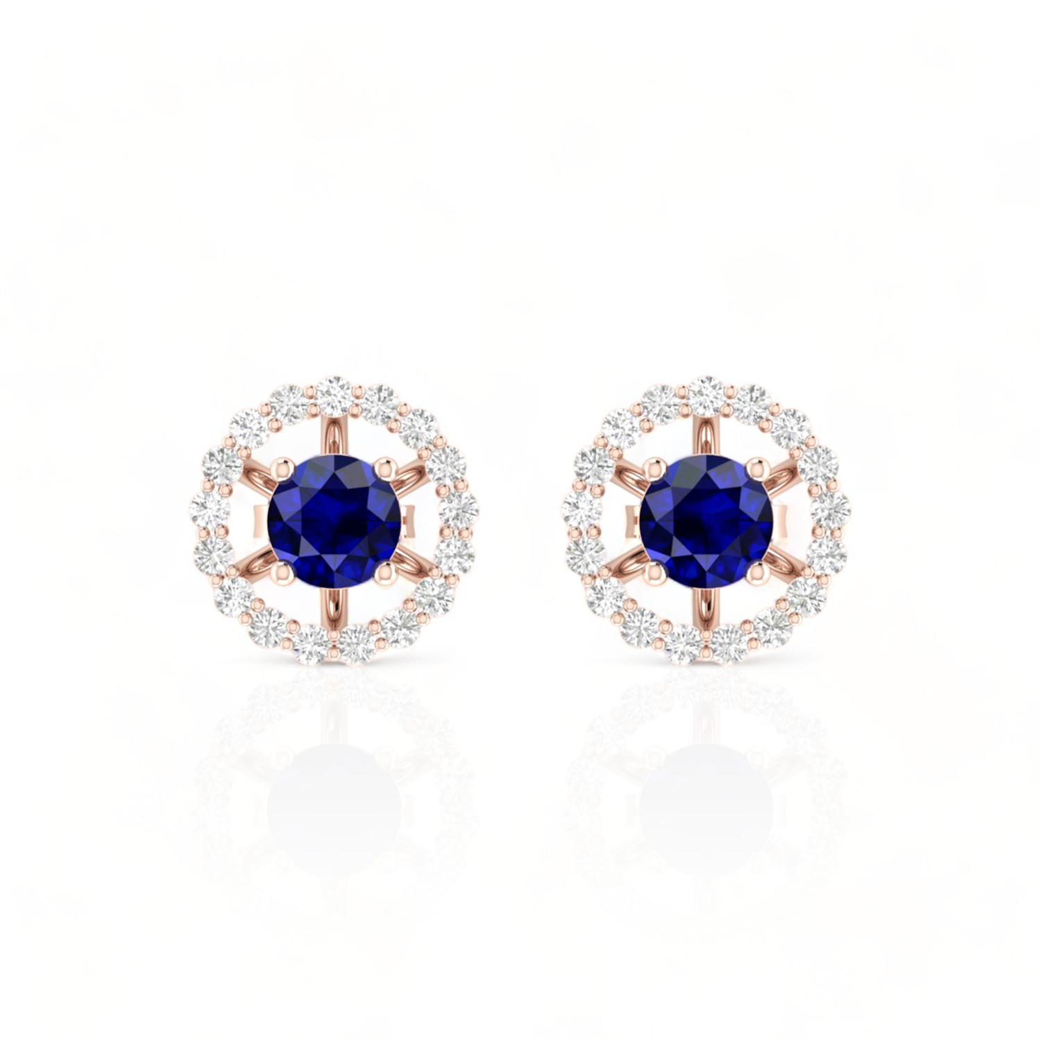 Round Blue Sapphire Rose Gold Plated Halo Stud Earrings
